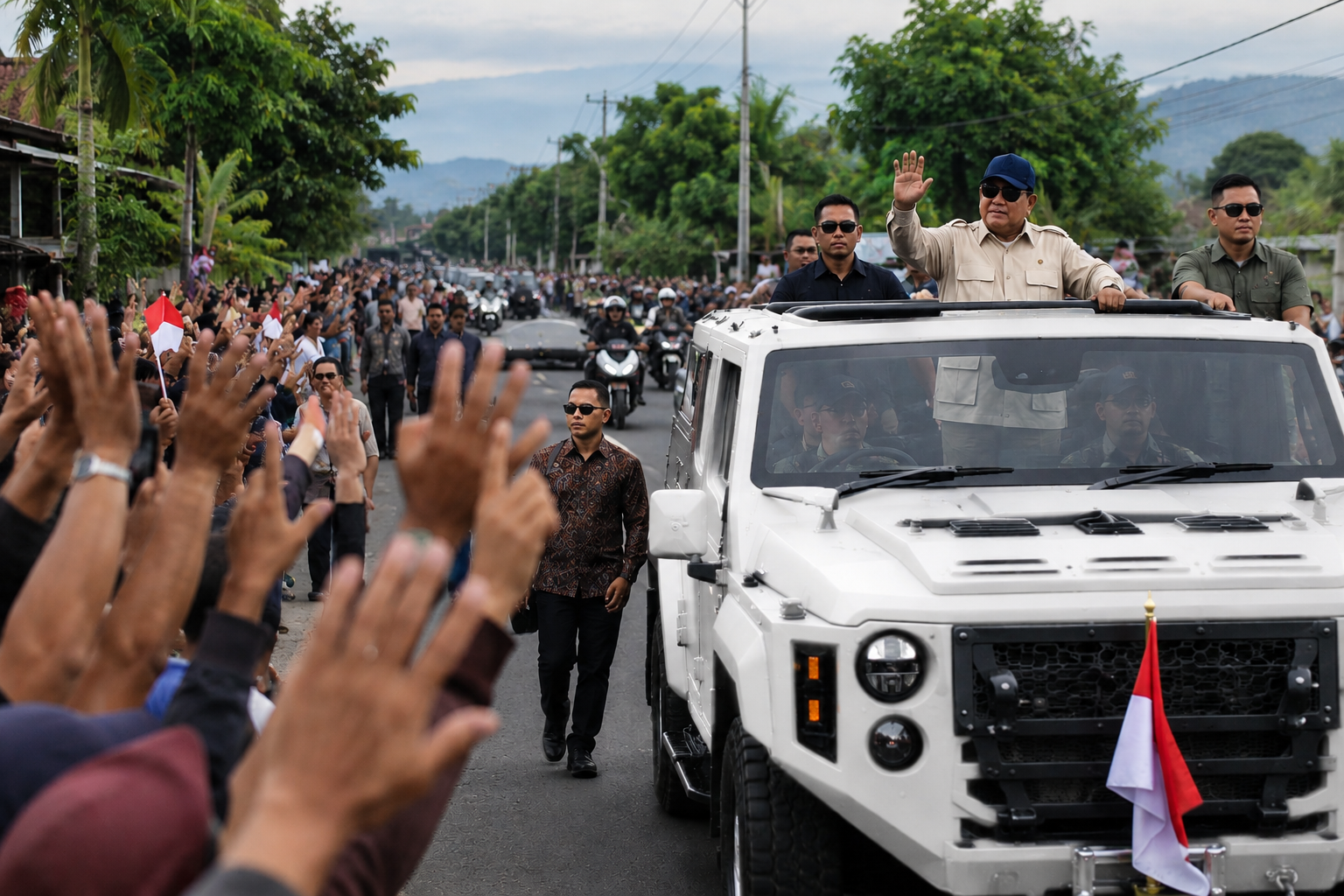 Prabowo Tiba di Lombok, Sapa Warga dari Atas Maung Sebelum Resmikan Bendungan